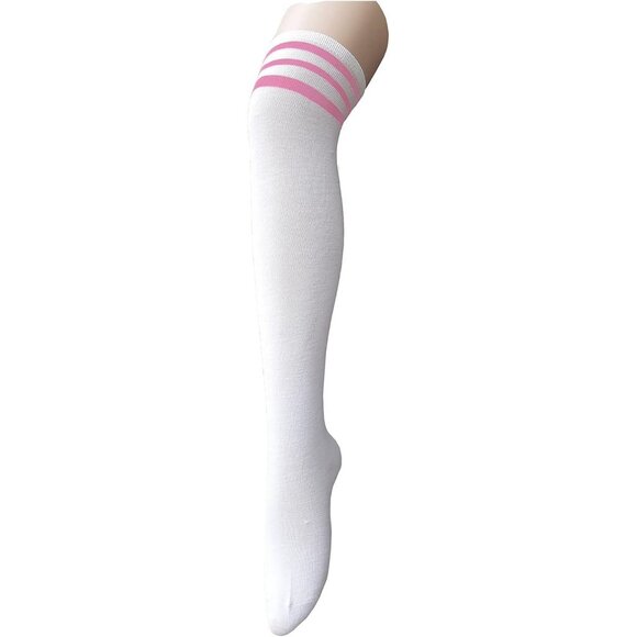Womens Knee High Socks Long B 1 Pair White Pink - Picture 1 of 6